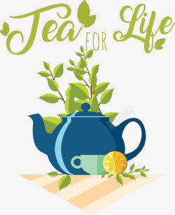 夏天时光绿色茶叶蓝色茶壶矢量图高清图片