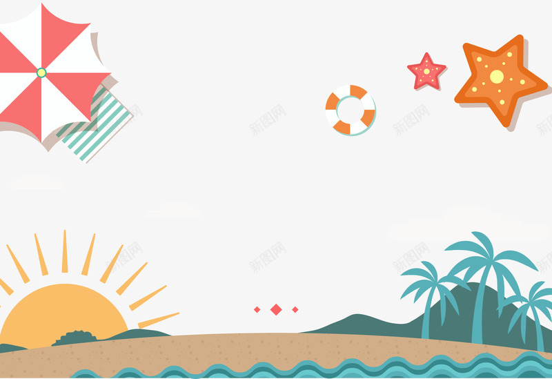 卡通创意夏季海滩背景psd免抠素材_新图网 https://ixintu.com 创意设计 卡通 夏季 太阳 插画 海报 海滩
