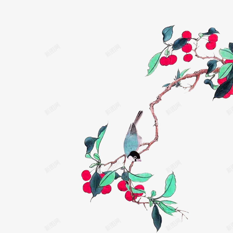 中国风花鸟png免抠素材_新图网 https://ixintu.com 一只 卡通 小鸟 手绘 简图 红色的 花朵 藤条