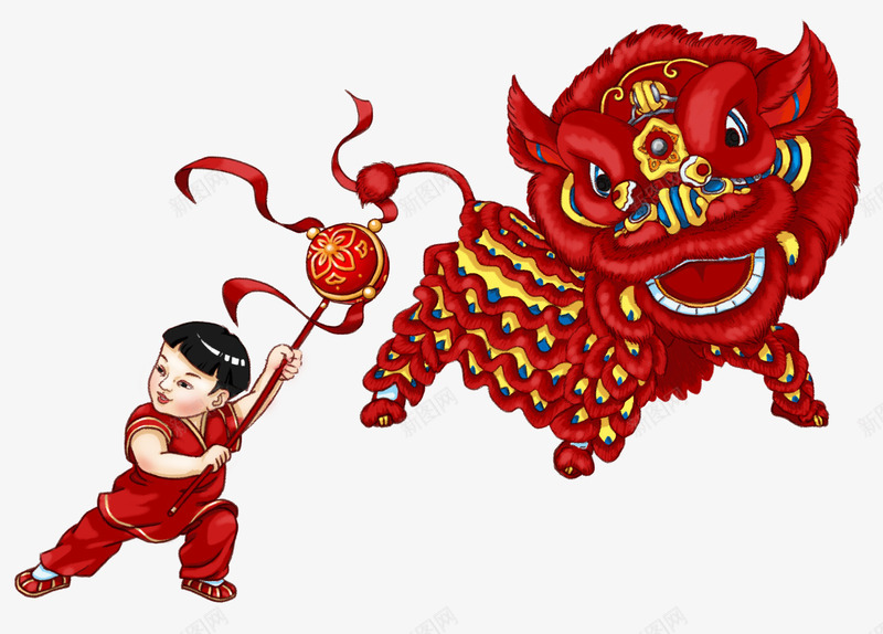 新年装饰手绘舞狮插画png免抠素材_新图网 https://ixintu.com 卡通手绘 年味儿 新年 舞狮 装饰图案 过年