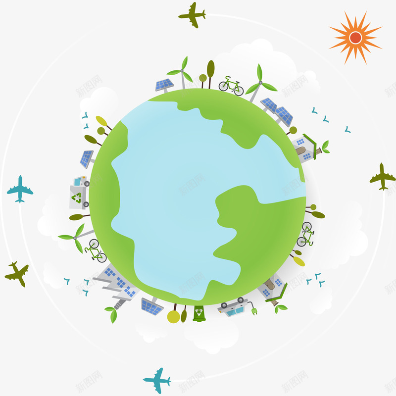 环绕地球的环保png免抠素材_新图网 https://ixintu.com 低碳 公益海报 地球 植物 环保 飞机
