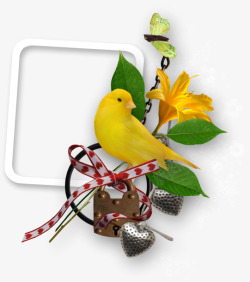 创意合成手绘边框造型黄色的小鸟花卉素材