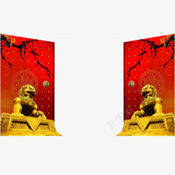 古代的门金狮子大红门高清图片