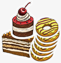 樱桃蛋糕甜甜圈手绘可爱咖啡矢量图素材