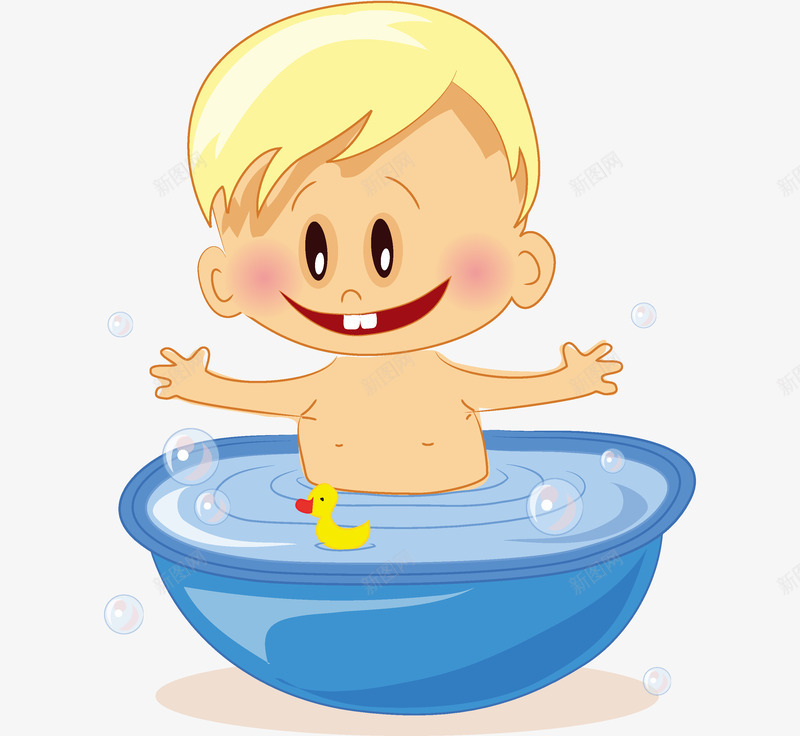卡通男婴png免抠素材_新图网 https://ixintu.com 儿童 卡通手绘 婴儿 小黄鸭 泡泡 洗澡 浴盆 浴缸 漫画 玩具 男婴 男孩 男孩玩具 童趣 趴在浴缸边