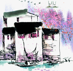 粉色的房屋江南水乡水墨画高清图片