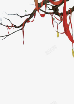 缠绕红色丝带的树枝手绘背景素材