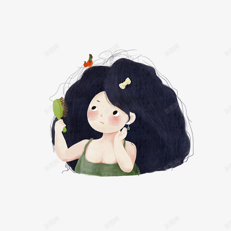 梳头发的小女孩png免抠素材_新图网 https://ixintu.com png图片素材 免费png素材 卡通 坐着梳头发 小鸟 手绘 梳乱的头发