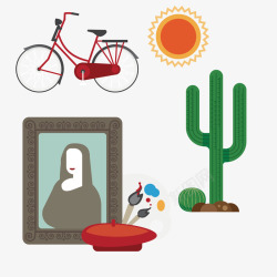 蒙娜丽莎画像自行车仙人掌相框组合高清图片