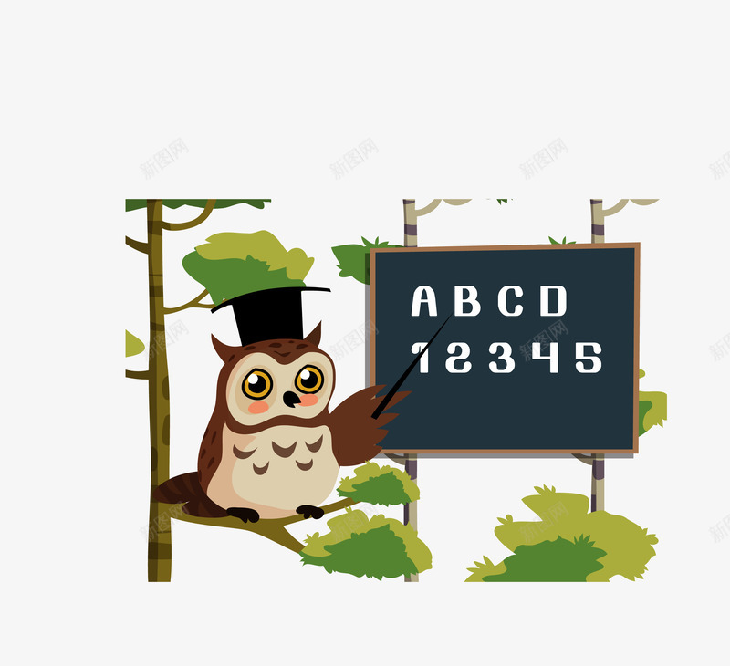 啄木鸟学英语png免抠素材_新图网 https://ixintu.com 博士帽 卡通 啄木鸟 树叶 树枝 绿色大树 黑板