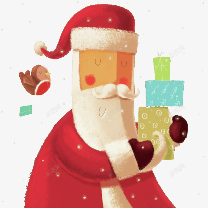 手绘拿礼物的圣诞老人png免抠素材_新图网 https://ixintu.com 卡通 圣诞老人 小鸟 手绘 插画 礼品盒