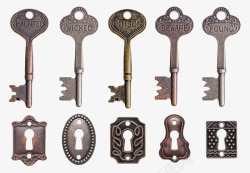 古代钥匙金色排列好的钥匙和钥匙孔古代器高清图片