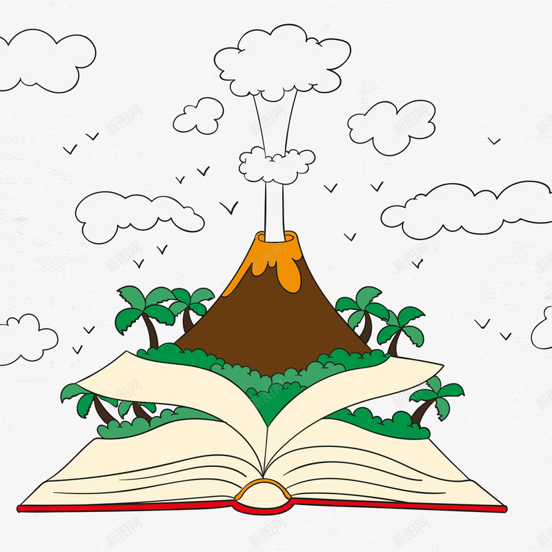 火山背景的一本书png免抠素材_新图网 https://ixintu.com 一本书 云 小鸟 树丛 椰树 矢量火山