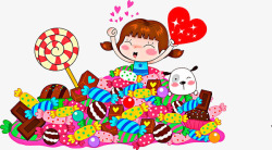 女孩坐在一堆糖果中素材
