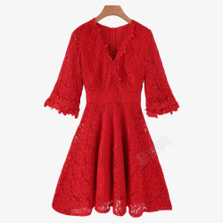 大红色红裙子名媛小香风秋季蕾丝连衣裙高清图片
