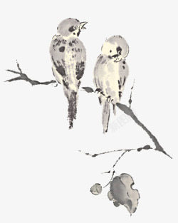 水墨树枝上的小鸟素材