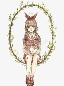 青叶藤女孩抱兔手绘图素材