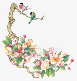 彩绘小鸟树枝装饰素材