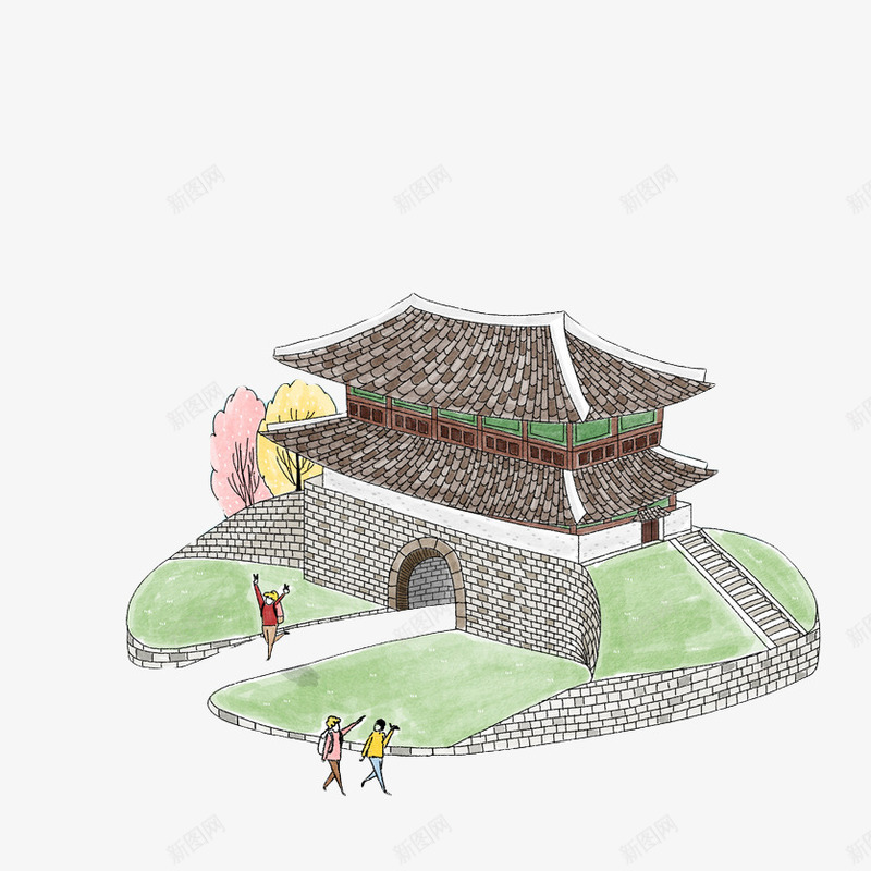 手绘彩色古建筑景点png免抠素材_新图网 https://ixintu.com 古代建筑 古建筑手绘图 古建筑鸟瞰图 古风 建筑 彩色 手绘 手绘古建 旅游景点 游客