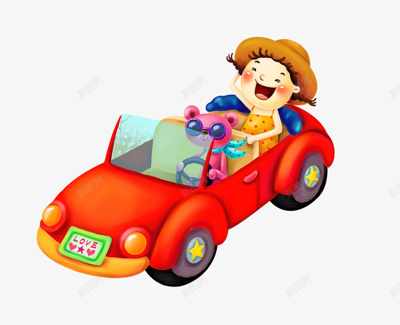 驾车出门的卡通女孩和熊玩具png免抠素材_新图网 https://ixintu.com 出游 卡通女孩 度假 熊玩具 自驾游 驾车出门