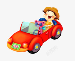 驾车出游驾车出门的卡通女孩和熊玩具高清图片