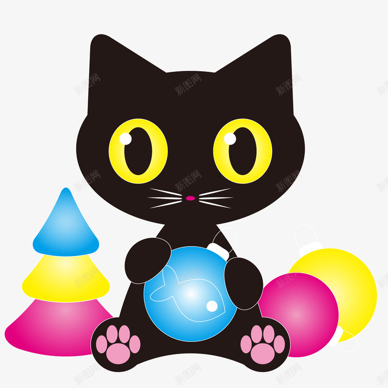 卡通拿着玩具的猫咪矢量图ai免抠素材_新图网 https://ixintu.com 动物设计 卡通 猫咪设计 玩具 黑色猫咪 矢量图