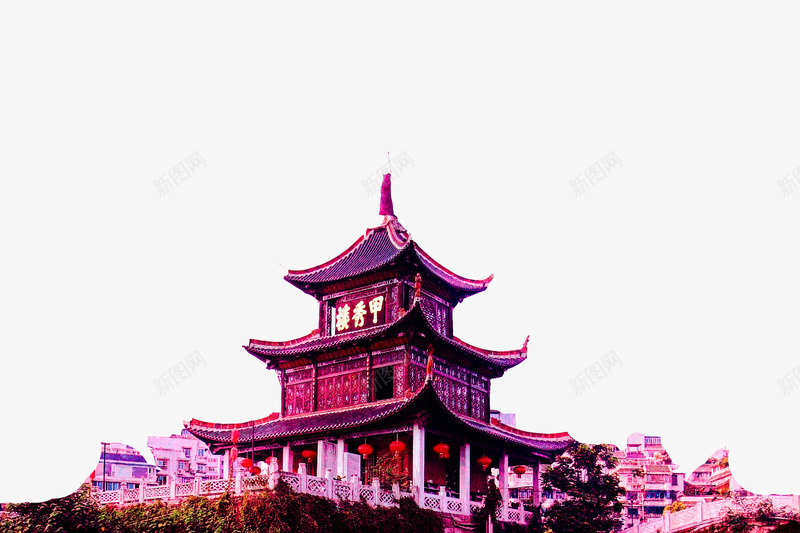 古代建筑psd免抠素材_新图网 https://ixintu.com 亭子 复古 庭院 建筑 房子 紫红色