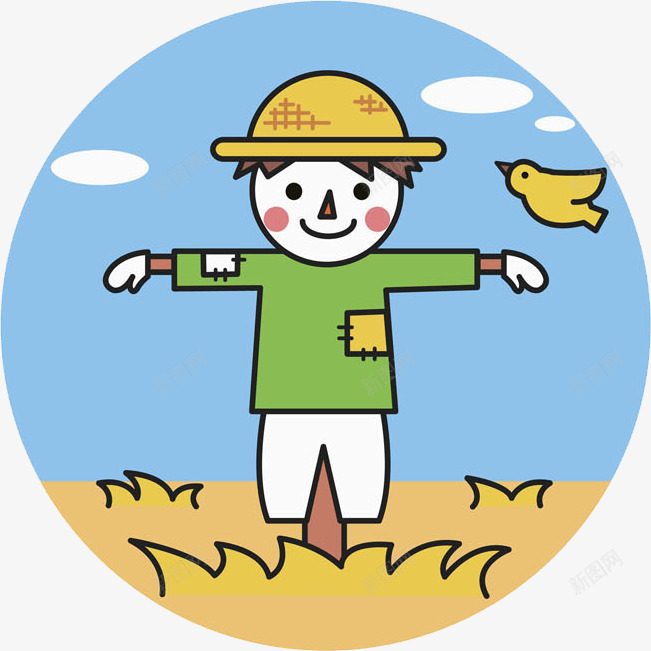 可爱的稻草人png免抠素材_新图网 https://ixintu.com 剪影 卡通 可爱的 小鸟 破旧的 稻草人 黄色
