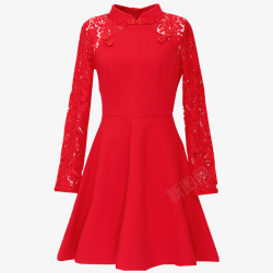 镂空刺绣蕾丝红色裙子冬季长袖红色裙子高清图片
