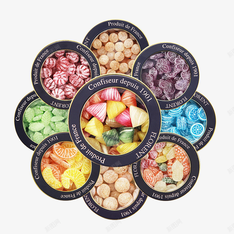 不同口味的糖果png免抠素材_新图网 https://ixintu.com 产品实物 圆形盒装 彩色 水果糖