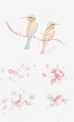 手绘花卉小鸟图素材