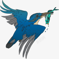 卡通插画捕鱼的蓝色小鸟矢量图素材