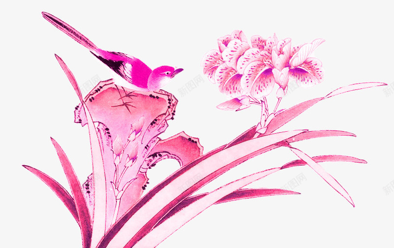 手绘粉色花朵png免抠素材_新图网 https://ixintu.com 创意图 卡通 可爱 小鸟 彩色图 手绘图 简单 背景 花朵