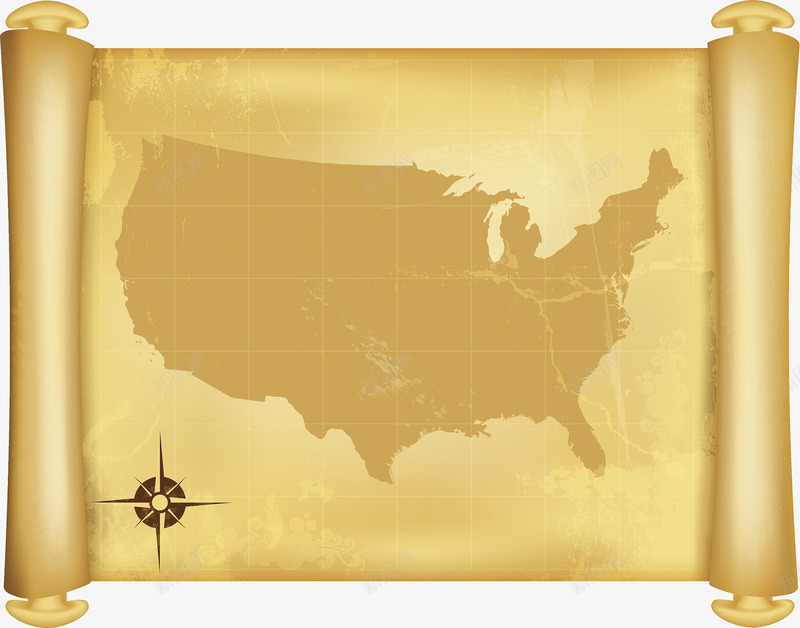 古代北美卷轴地图png免抠素材_新图网 https://ixintu.com 北美地图 卷轴 古地图 指南针