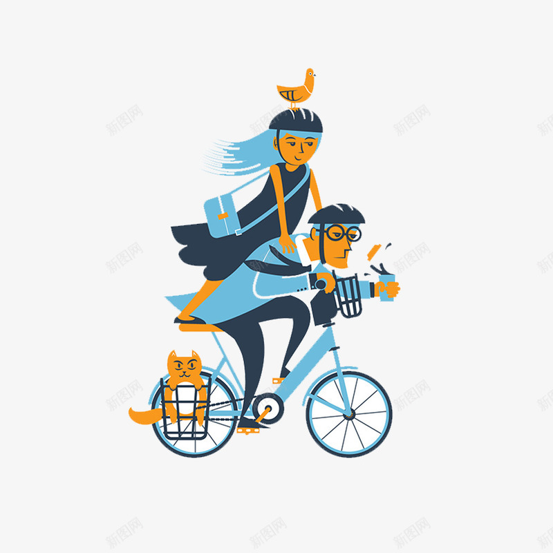 骑着单车的情侣png免抠素材_新图网 https://ixintu.com 假日出游 单车 卡通 小猫 小鸟 情侣 手绘 约会 自行车 骑车