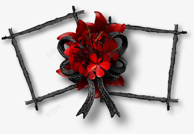 黑色树枝边框红色花朵png免抠素材_新图网 https://ixintu.com 树枝 红色 花朵 边框 黑色