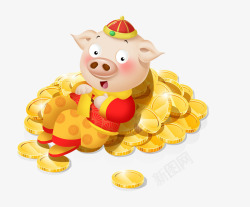 泥巴里的小猪坐在金元宝里的新年福猪卡通高清图片