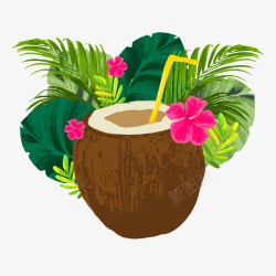 水彩汁水彩绘夏威夷椰汁和棕榈树叶高清图片