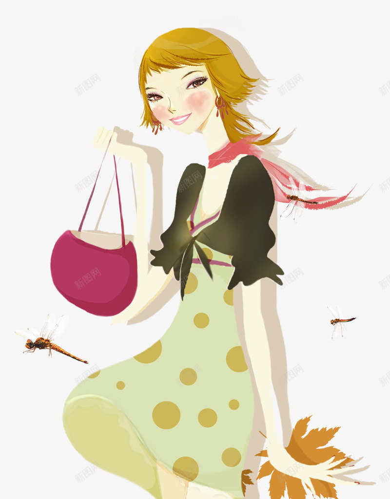 手绘手提袋女生png免抠素材_新图网 https://ixintu.com 女生 枫叶 秋天