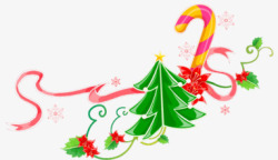 圣诞树手绘拐杖糖红色丝带素材