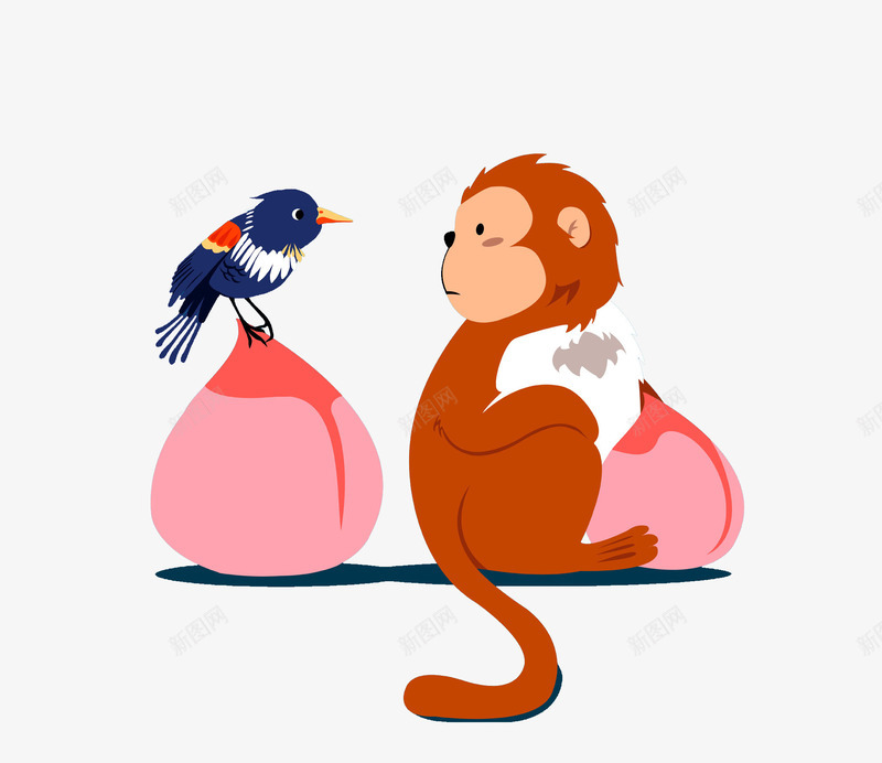 吃桃的猴子png免抠素材_新图网 https://ixintu.com 动物 卡通 可爱的 大桃 小鸟 手绘 插图 猴子