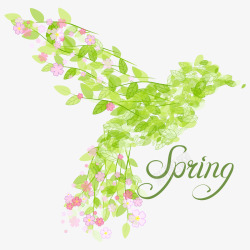 春季花朵和树叶组合的鸟矢量图素材