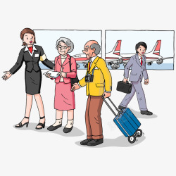 卡通老年人在飞机场拖着行李素材