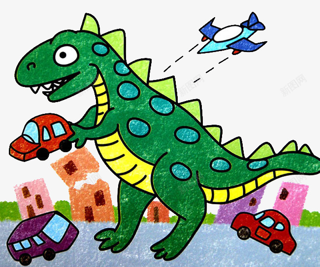 卡通手绘恐龙拿着汽车png免抠素材_新图网 https://ixintu.com 创意 卡通 小孩子画画 恐龙 手绘 汽车 飞机