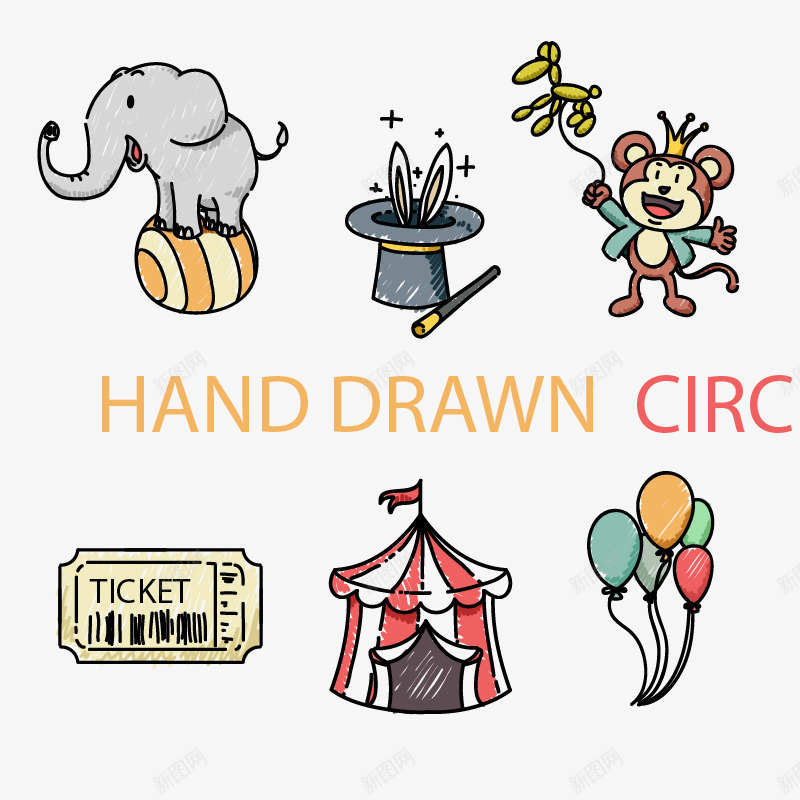 6款手绘马戏团元素png免抠素材_新图网 https://ixintu.com 兔子 大象 气球 猴子 票 马戏团