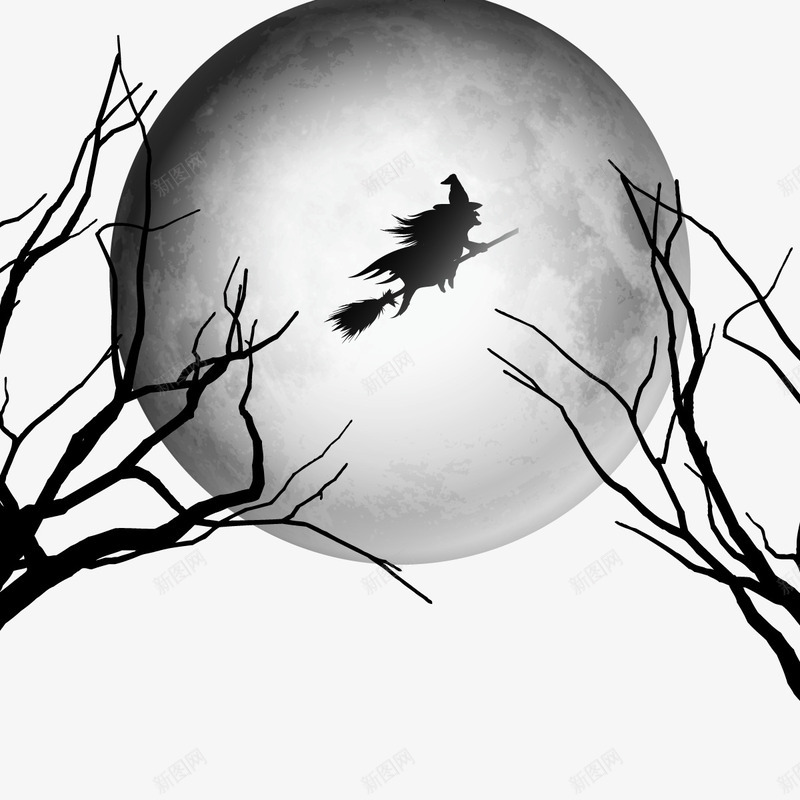 女巫在夜空中飞行矢量图eps免抠素材_新图网 https://ixintu.com 夜空 女巫 月亮 树枝 飞行 矢量图
