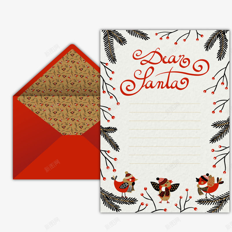 可爱圣诞信纸和信封png免抠素材_新图网 https://ixintu.com 信纸 卡通 可爱 圣诞节 小鸟 植物 装饰边框