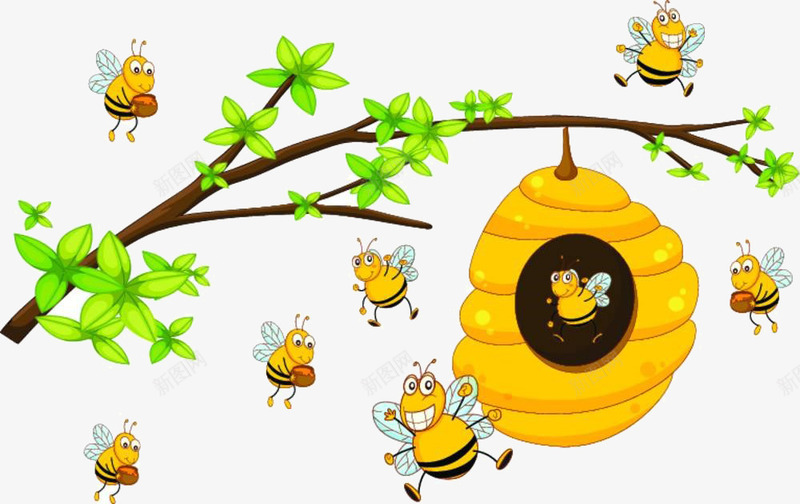 卡通树上的蜜蜂png免抠素材_新图网 https://ixintu.com 卡通 树上的 树枝 蜂窝 蜜蜂