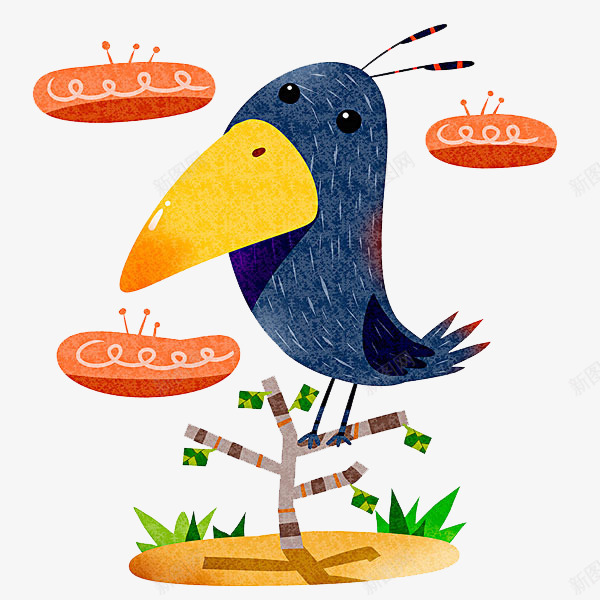 一只乌鸦png免抠素材_新图网 https://ixintu.com 乌鸦 卡通 可爱的 小草 手绘 插图 树枝 装饰