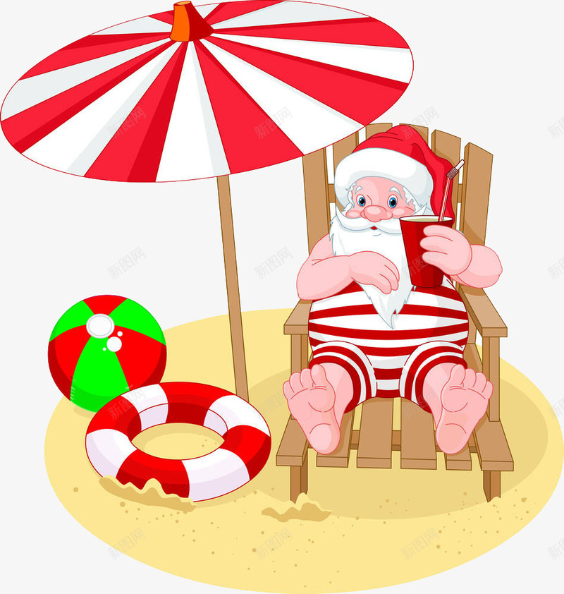 圣诞老爷爷的沙滩假日png免抠素材_新图网 https://ixintu.com 创意 卡通 圣诞老人 夏季 多彩 游泳圈 红色 饮料